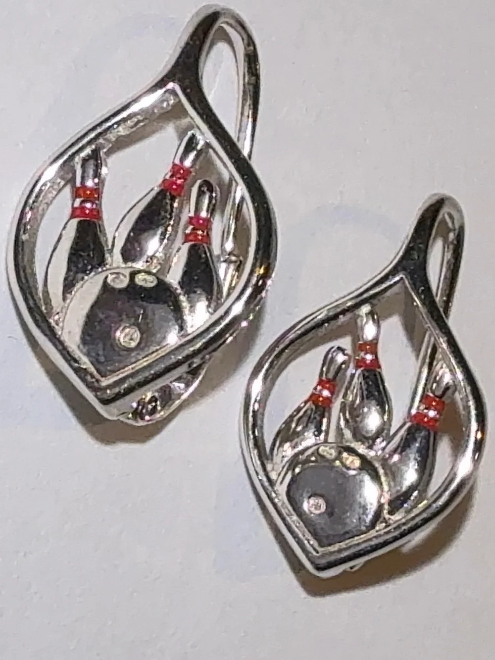 925 Sterling Silver Bowling Pin and Ball Earrings Huggies with Zirconia